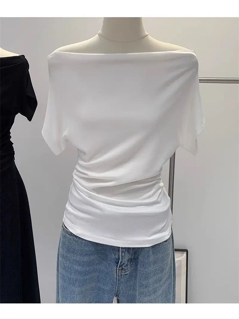 Summer One Shoulder Black Women's T-shirt Short Sleeve Korean Style Slimming Top Exposed Shoulder Fashionable