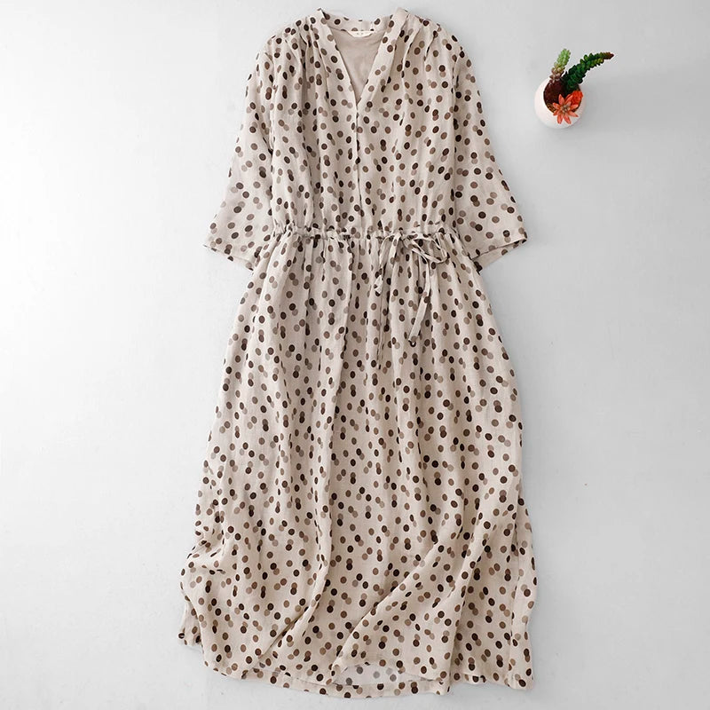 Elegant Large Size Slimming Women's Spring Summer New Hemp Polka Dot Print Artistic Temperament Dress Cotton Linen Material