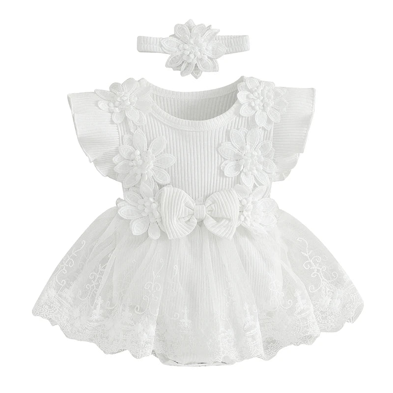 Maemukilabe Baby Girl Lace Tulle Romper Dress With Headband For Toddler Girls 1 To 2 Years Floral Bow