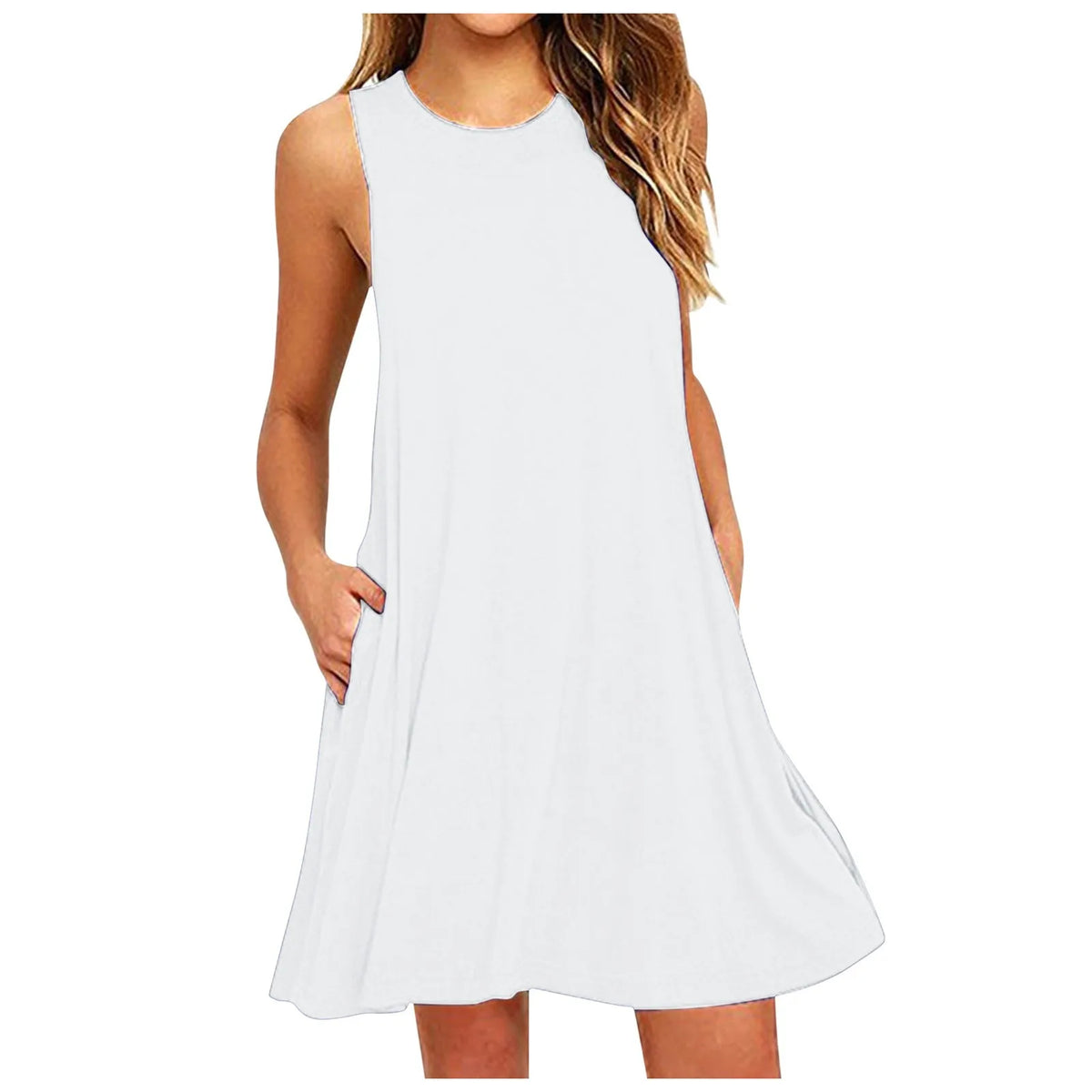 Women's Dress Summer Casual T Shirt Dresses Beach Cover Up Plain Pleated Tank Pockets Dress Sleeveless Solid Color Sundress