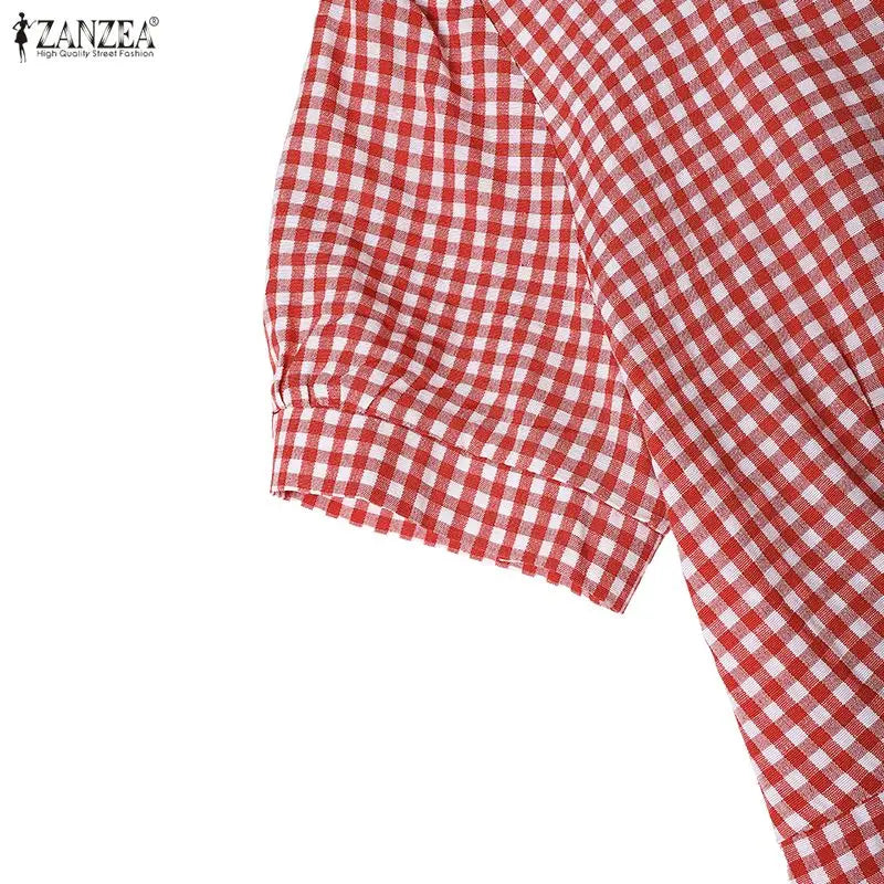 Woman Vintage Suqare Neck Gingham Knee-Length Dress Casual Puff Sleeves Ruffled Hem Dresses ZANZEA Summer Daily Wear Vestidos