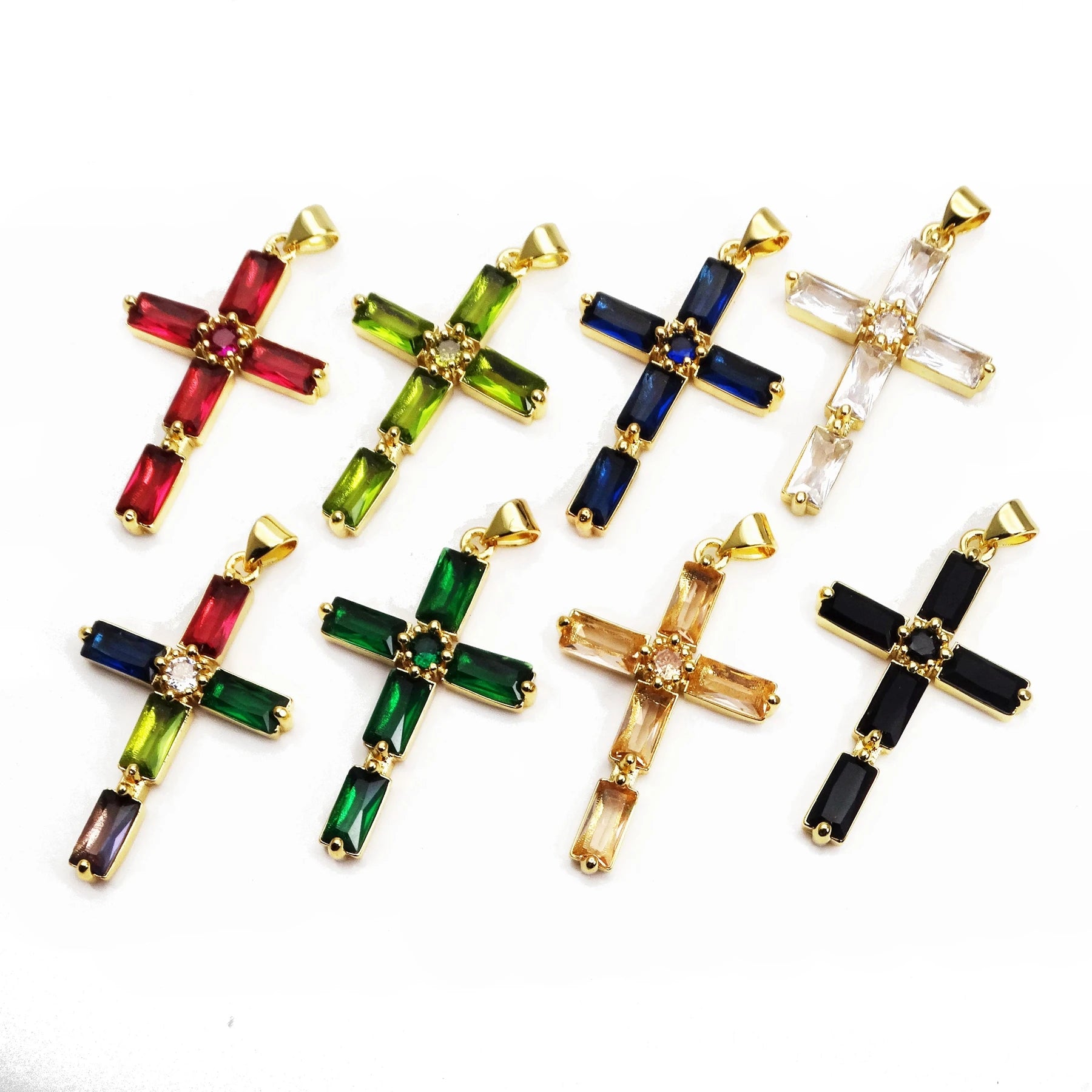24*37Mm Mix Color Cross Pendant Brass Microlaid Cubic Zirconium Gold Plated Charm Pendant Making Necklaces For Women'S