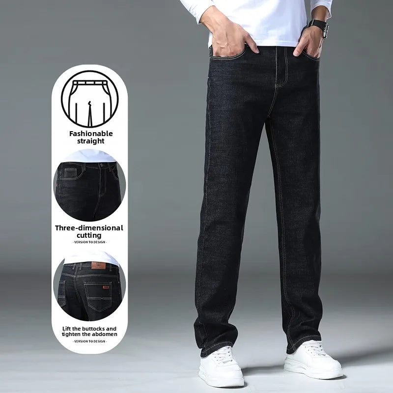 2026 New Men's Straight Denim Pants  Brand Clothes Black Blue  Jeans Classic Washed Stretch Cotton Business Casual Pants