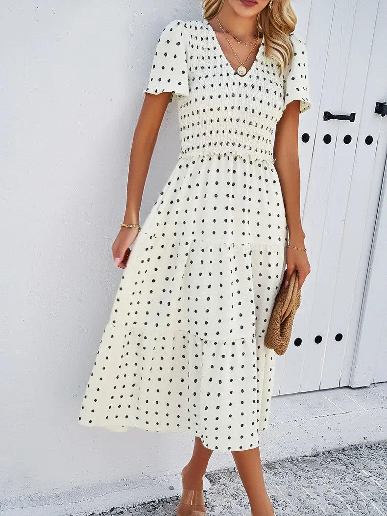 Summer Women's Casual Polka Dot Long Dress Vacation Boho Short Sleeve Solid V-neck Beach Sundress Elastic Waist Midi Dresses