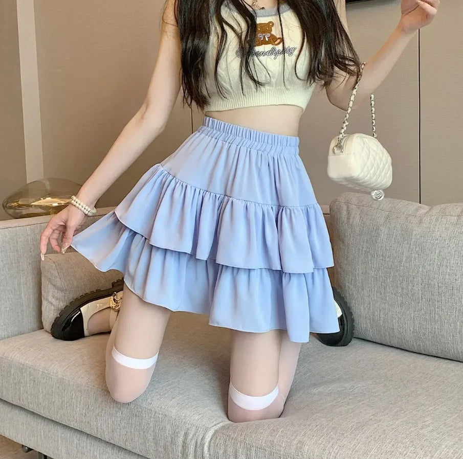 Ruffled Cake Skirts for Women High-waisted A-line Solid All-match Sweet Lovely Girls Korean Style Gentle Spring Kawaii Casual