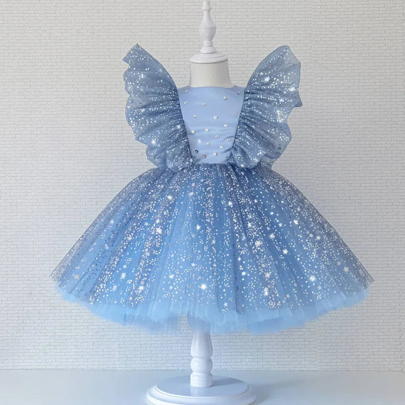 Children Summer Dresses Star Sequin Princess Dress Toddler Girls Puffy Mesh Wedding Dress Luxury Evening Dress Baby Clothes 1-5Y