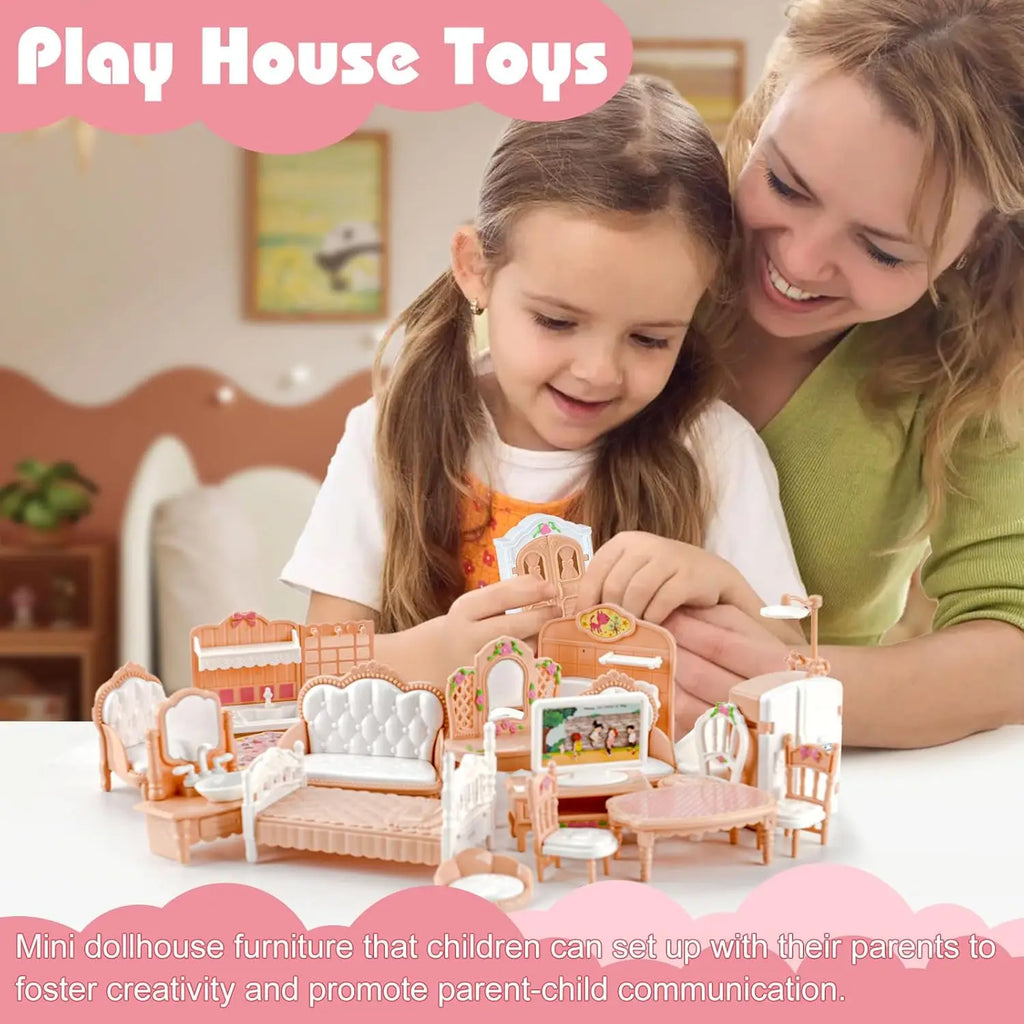 Dollhouse Furniture Set Accessories Doll House Mini Furniture Pretend Play Bedroom Living Room Bathroom Kitchen Kids Birthday