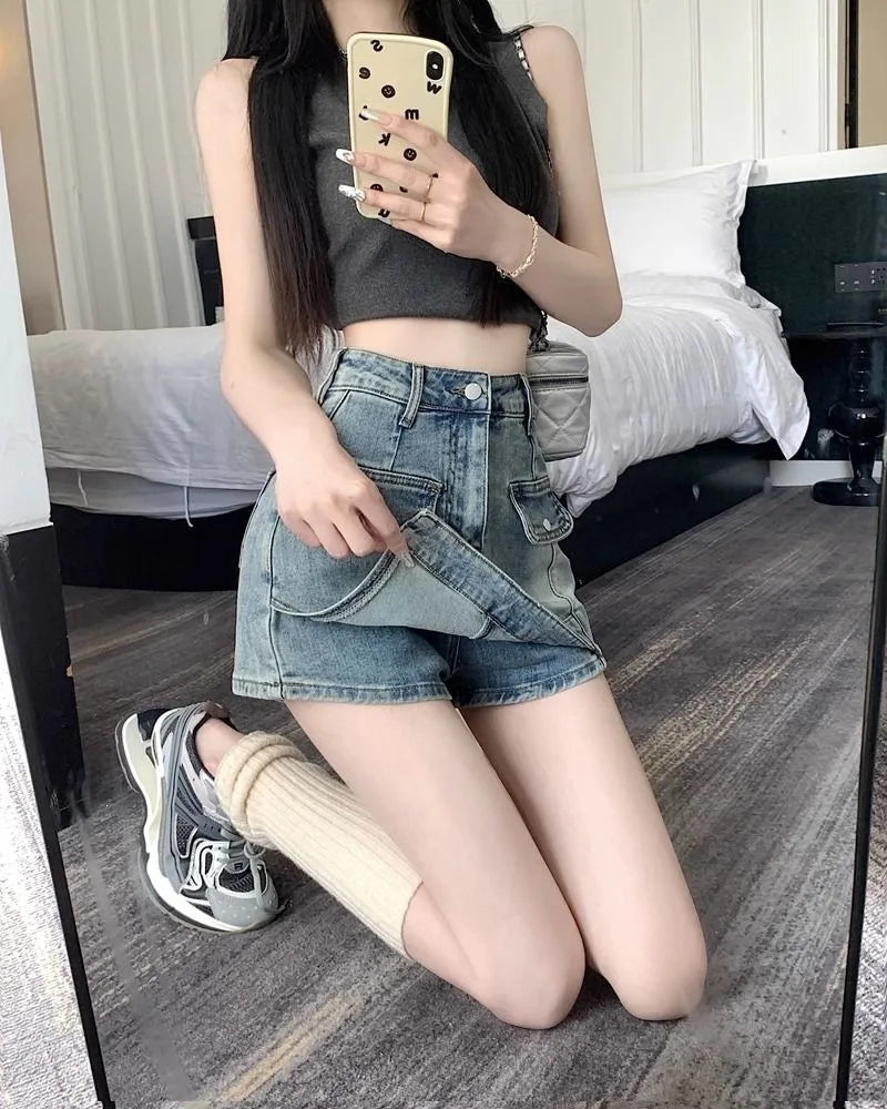 Retro Spicy Girl Uneven Denim Mini Skirt High Waist Slim Fit Women's Summer New Style Short Skirt Bodycon Skirt New Style