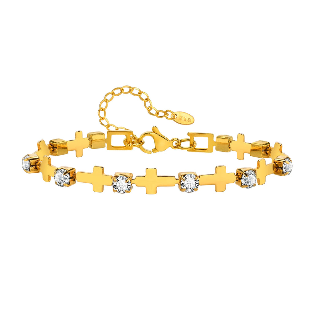 Zirconia Cross Bracelet For Women'S, Stainless Steel 18K Gold Plated Non Tarnish Stylish