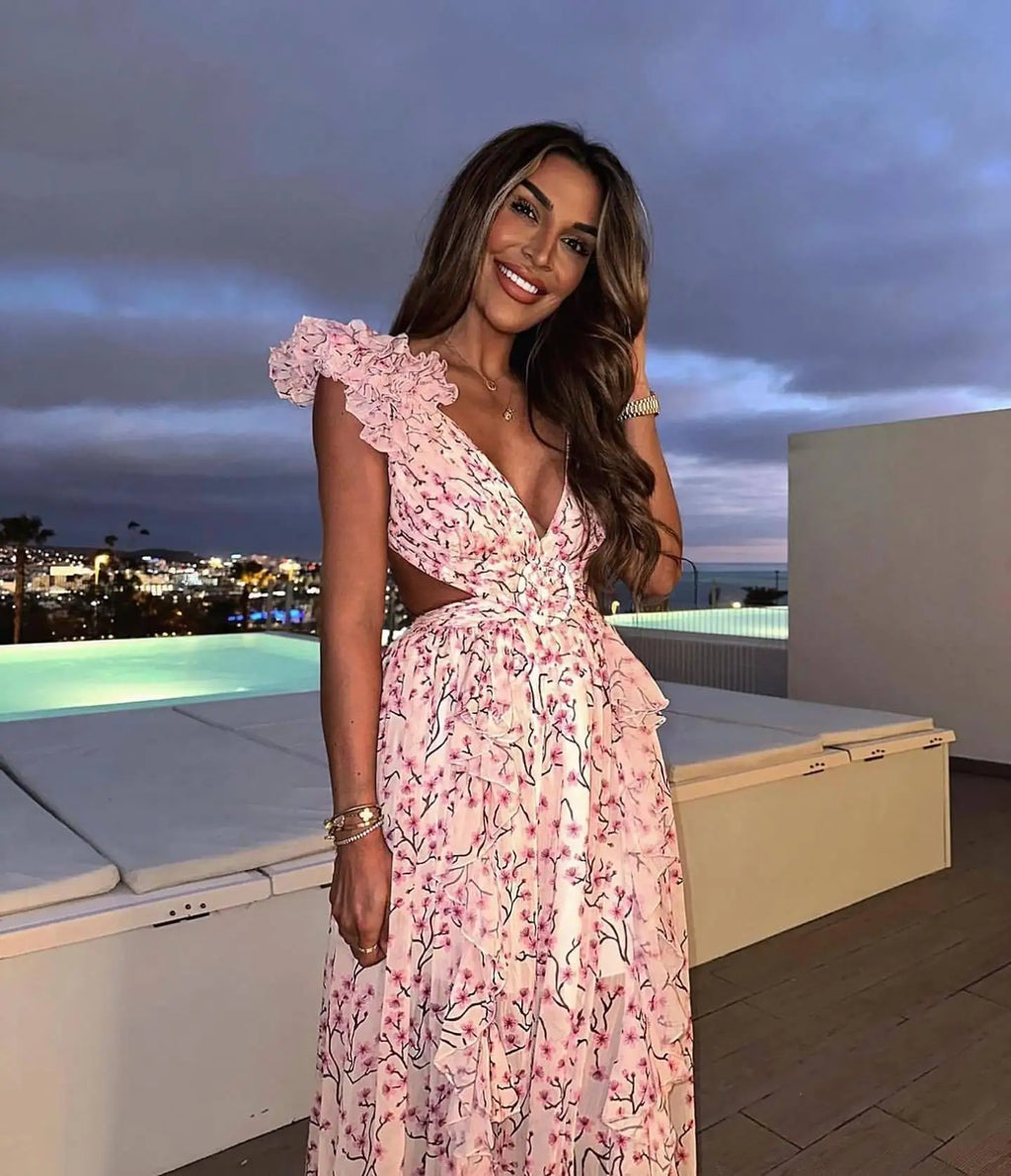 Deep V-Neck Backless Slim Fit Ruffled Floral Dress Summer Vacation Sexy Print Long Dress