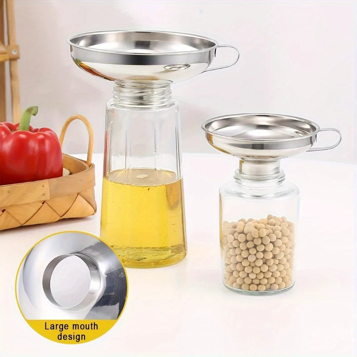 Juego de 3 embudos de cocina de acero inoxidable, embudos pequeños, embudo de boca ancha para tarros, embudo de silicona de grado alimenticio, accesorios de cocina