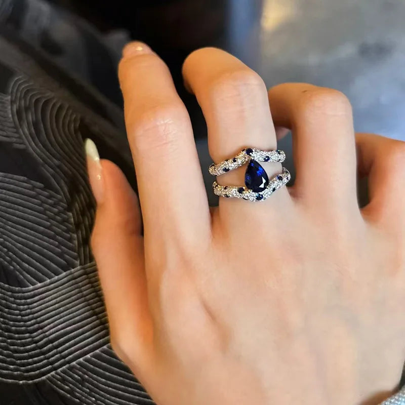 Light luxury and high-end dual color blue droplet gemstone rings for women exquisite inlay diamonds fashion ring wedding jewelry