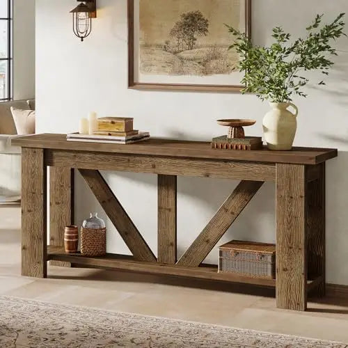 Solid Wood Sofa Table, 70.9 Inches Extra Long Console Table with 2 Tiers Storage Shelves, Rustic Entryway Table Behind
