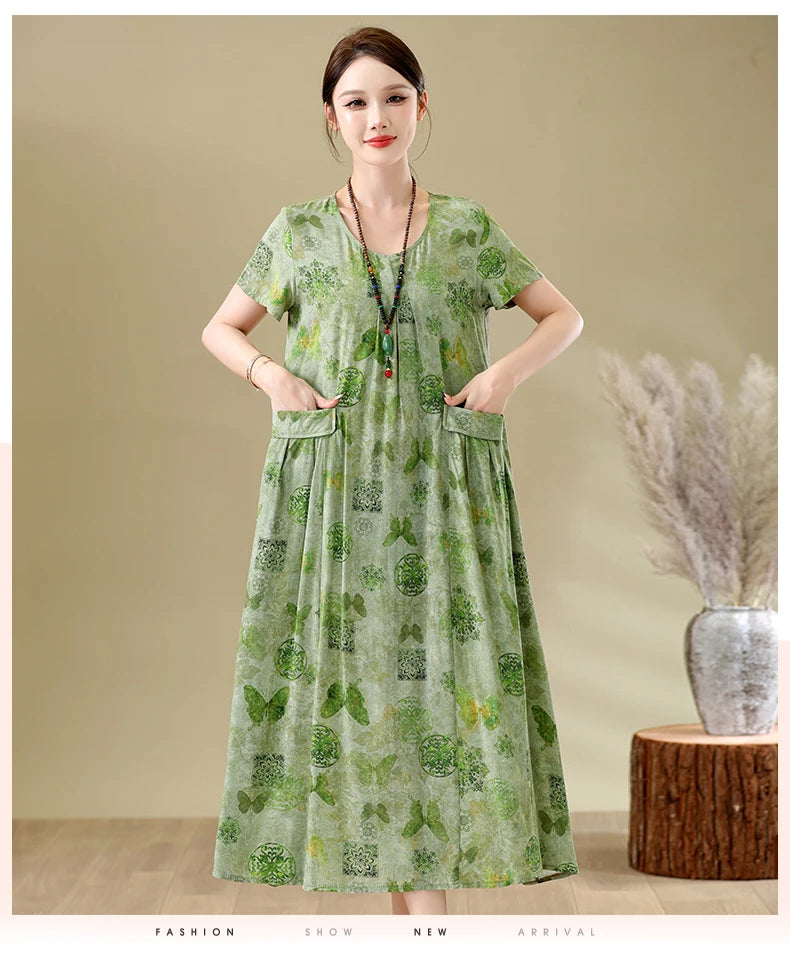 New Fashion Casual Summer Dresses For Women 2026 Loose Plus Size Clothes Elegant printting O-neck Short Sleeve Woman Clothing