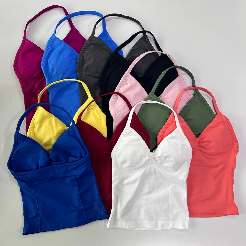 No Logo Longline Strappy Top Women Seamless Yoga Tank Tops Buit-in Bra Ruched Backless Gym Clothes Sleeveless Shirt Workout Top