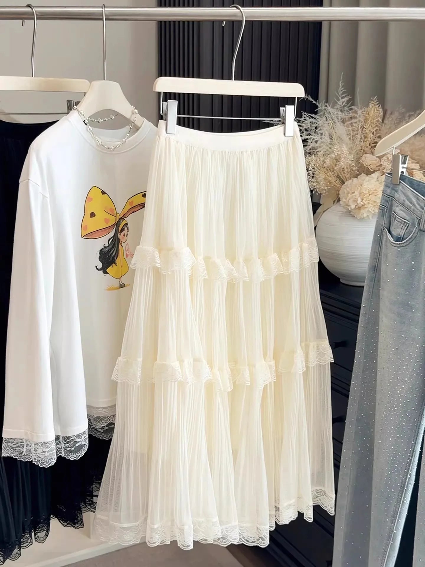 Retro Sweet White Long Skirt Women Casual Loose High Waist Elegant Skirt Vintage Lace Patchwork Korean Summer Long Skirts