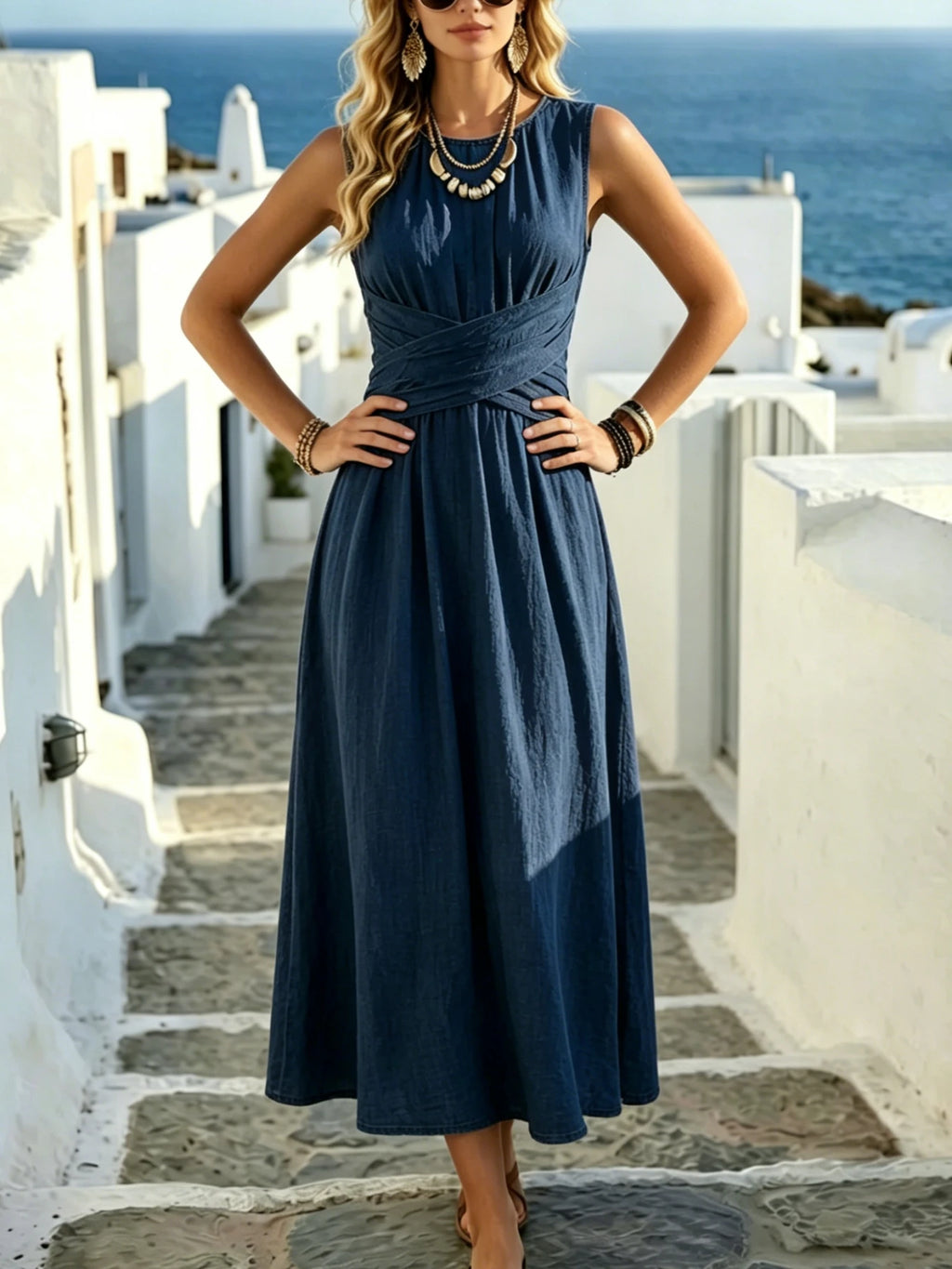 Women's Summer Fashion New Style Elegant Crossed Waistline Round Neck Sleeveless Solid Color Resort Style Maxi Dress