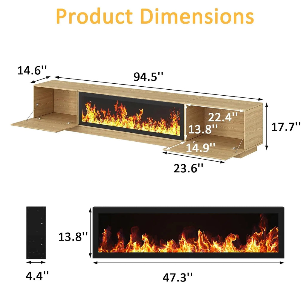 94.5" Fluted Fireplace TV Stand for Living Room, Natural Wood, Customized