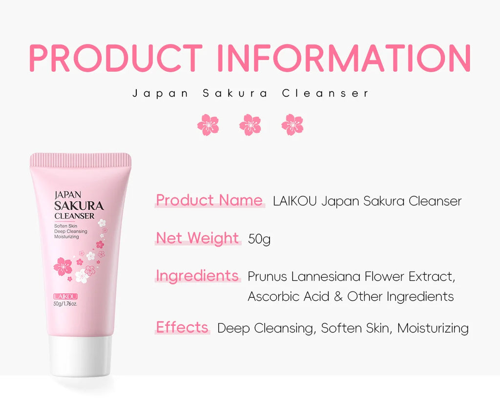 LAIKOU Sakura Facial Cleanser - 50g Gentle Deep Cleaning Face Wash