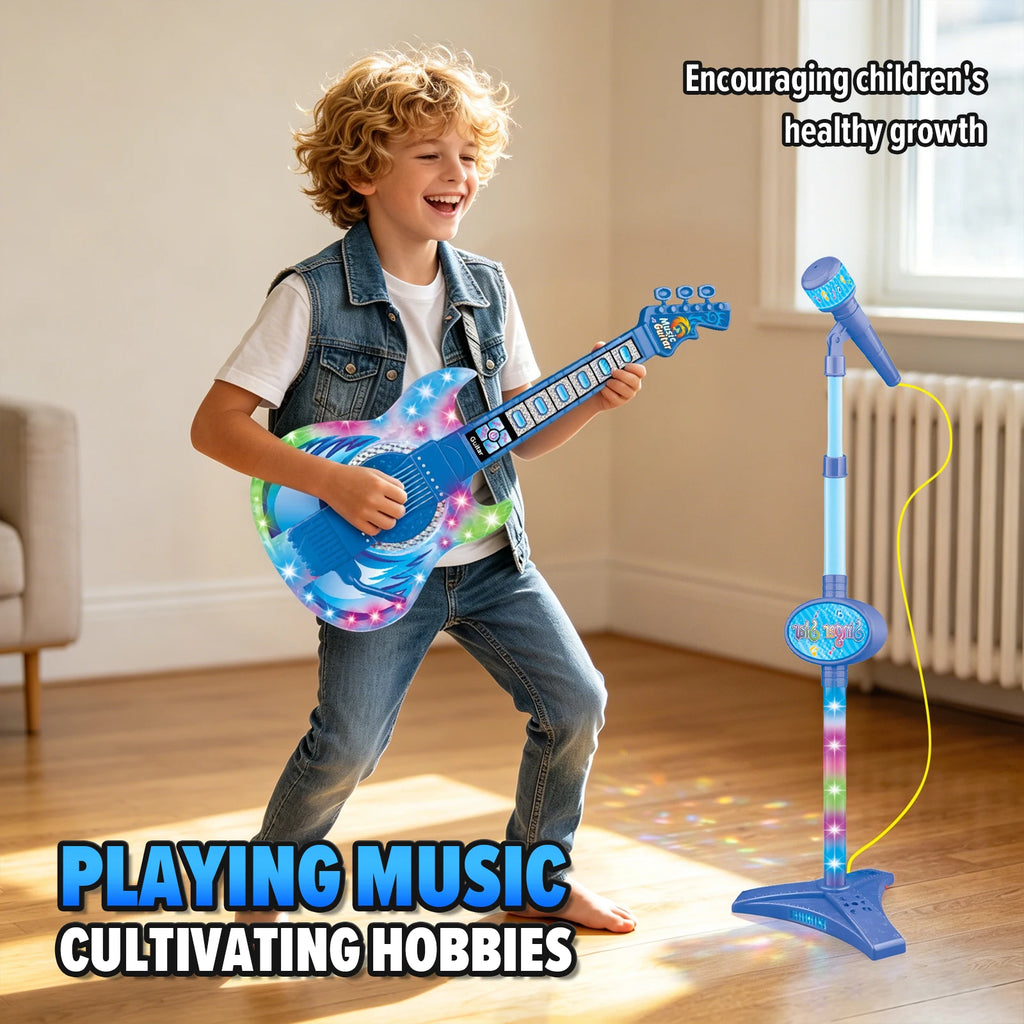 Karaoke Electronic Machine Children's Electric Light Multi-functional Guitar Instrument Set with Microphone Toys for Boys Girls