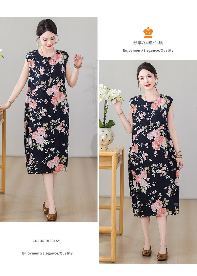 New Fashion Vintage Floral Print  Sleeveless Casual Party Femme Summer Dresses For Women 2025 O-neck Straight Women Clothing