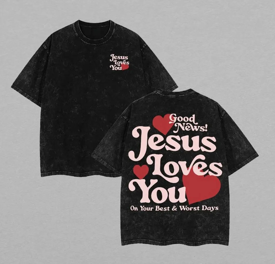 Jesus Loves You Graphic T-Shirt - Vintage Washed Cotton Round Neck