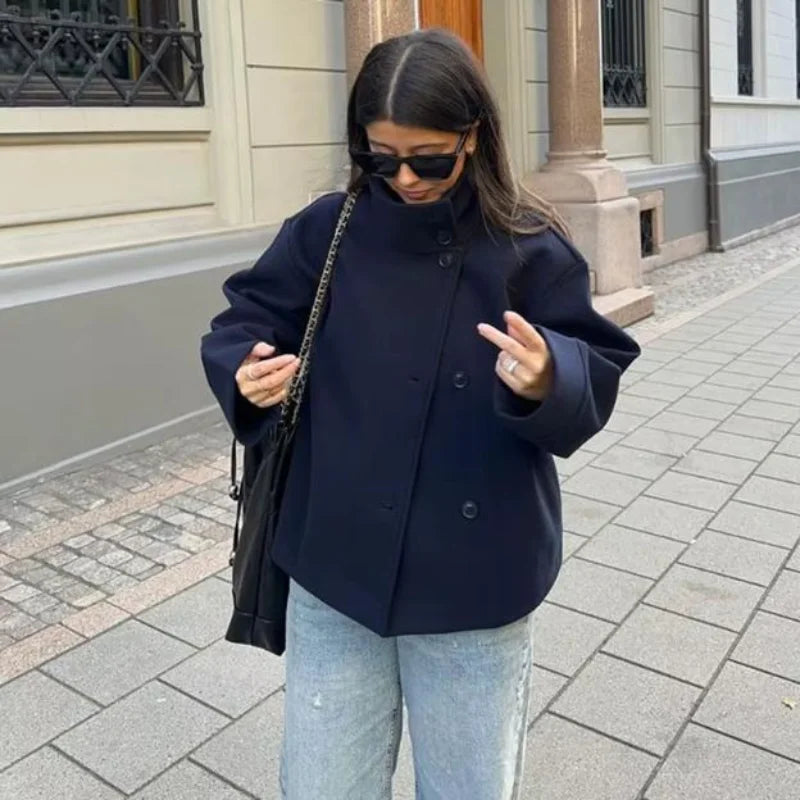 Stand Collar Women Winter Woolen Coat 2025 Spring Single Breasted Loose Female Long Sleeve Jacket Office Lady Street Short Coats