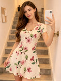Womens V Neck Short Sleeve Floral A Line Mini Dress Casual Vacation Weekend Sundress Outfit Relaxed Easy Wear Fashion Charm Cute