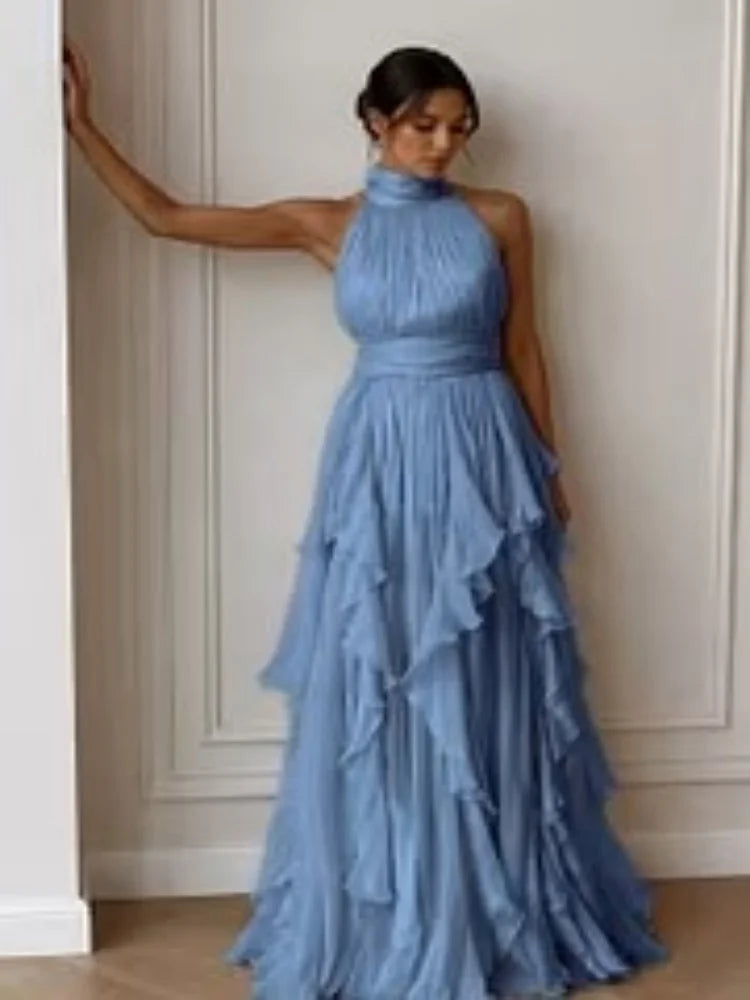 Women Mock Neck Sleeveless Tiered Ruffle Maxi Dress Draped Flowy Long Gown Formal Wedding Guest Evening Party Dresses
