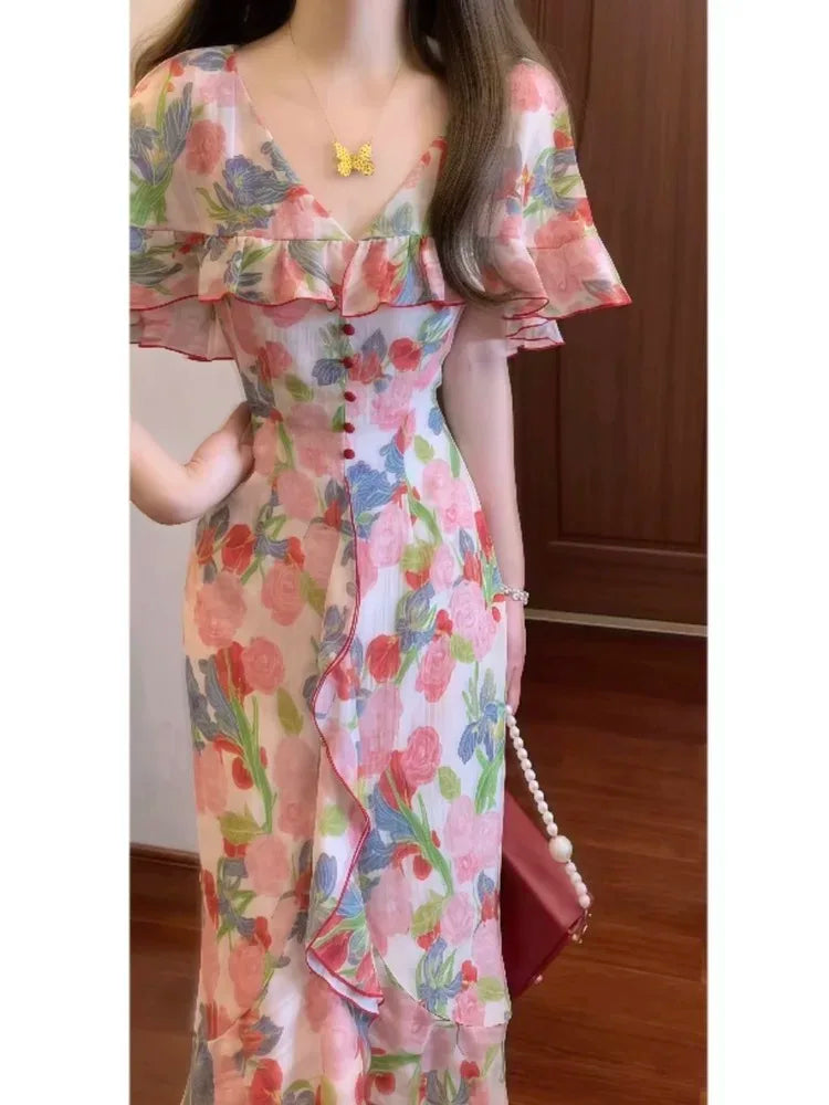 Romantic Elegant Vintage Floral Print Women's Dress Summer Slimming Long Skirt High Waist Short Sleeve A-Line Midi Dress