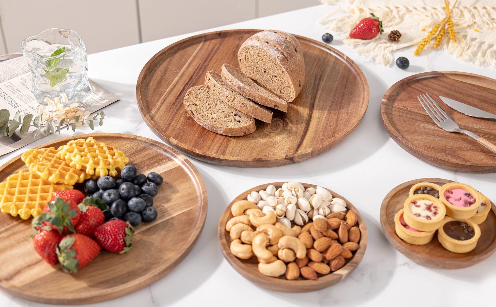 12.5/15/20/25/30cm Round Serving Platter Tray Acacia Wood Pizza Salad Plate Fruit Dessert Tray Bread Cake Container Snacks Dish