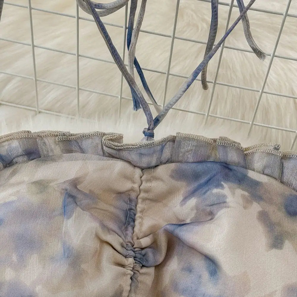 Fashionable Beach Vacation Strapless Backless Slimming Print Chiffon Dress with Ruffle Hem Gradient Coloring Knitted Fabric