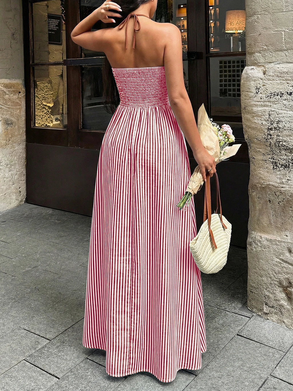Sexy Backless Sleeveless Neckline Long Dress 2026 Summer New Style Deep V-neck Striped Beach Dress