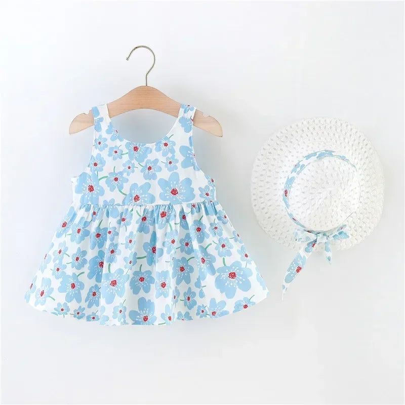 Beach Party Baby Girl Flower Dress Summer New Sweet Bow Children'S Clothing+Hat (9 Months -3 Years Old)
