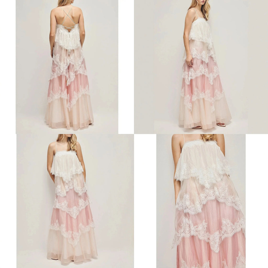 French Vintage Lace Gradient Camisole Long Dress Spring Summer Floral Maxi Dress Elegant Layered Ruffle Dress