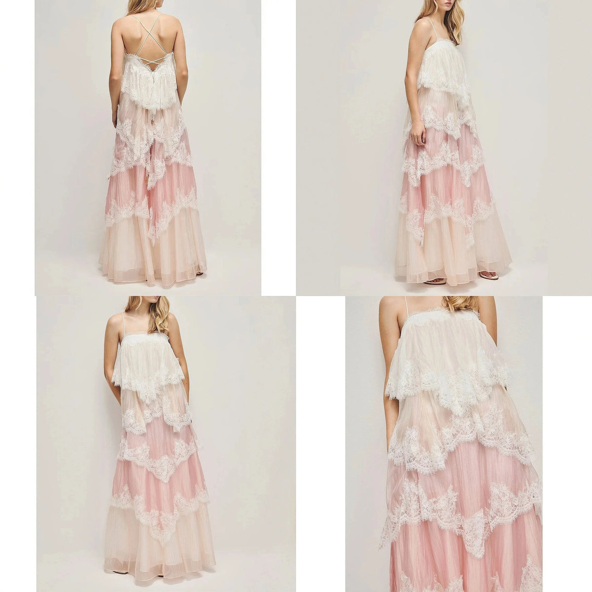 French Vintage Lace Gradient Camisole Long Dress Spring Summer Floral Maxi Dress Elegant Layered Ruffle Dress
