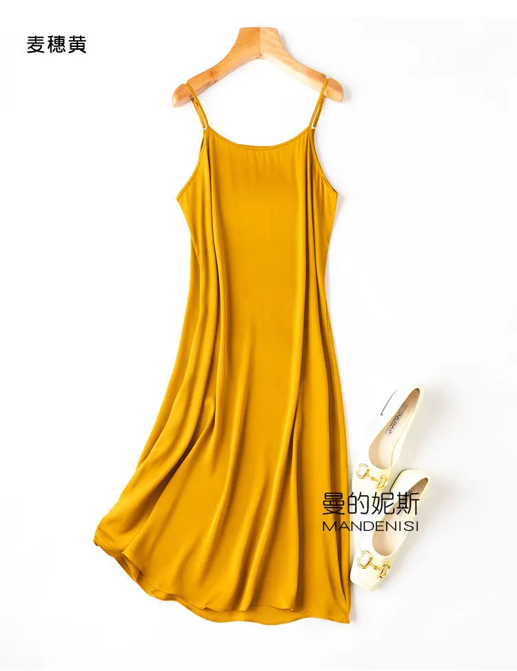 Tcyeek Women Silk Dress 93%Silk 7%Spandex Spaghetti Strap Mid Dresses 2024 Summer New Clothes Blue