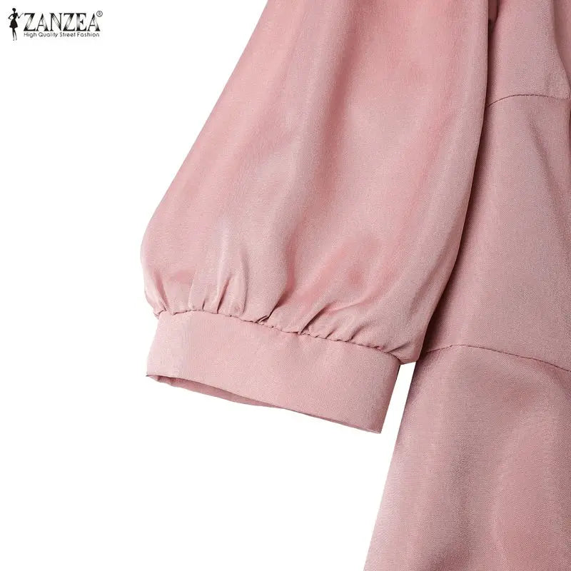 Women A-Line Midi Dress V-Neck 3/4 Puff Sleeve Cinched Waist Ruffled Hem Dresses ZANZEA Summer Elegant Casual Commute Robe Femme