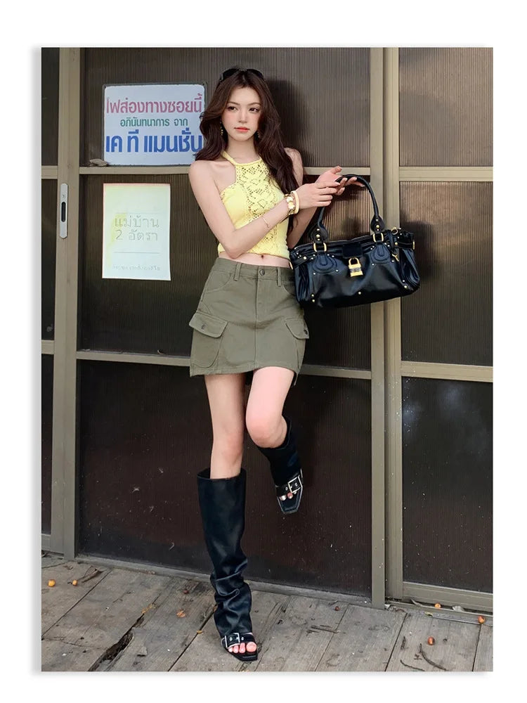 High Waist A-Line Mini Skirt Denim Skirt Women's Multi-Pocket Anti-Light Workwear Half Skirt Street Style Casual Wear