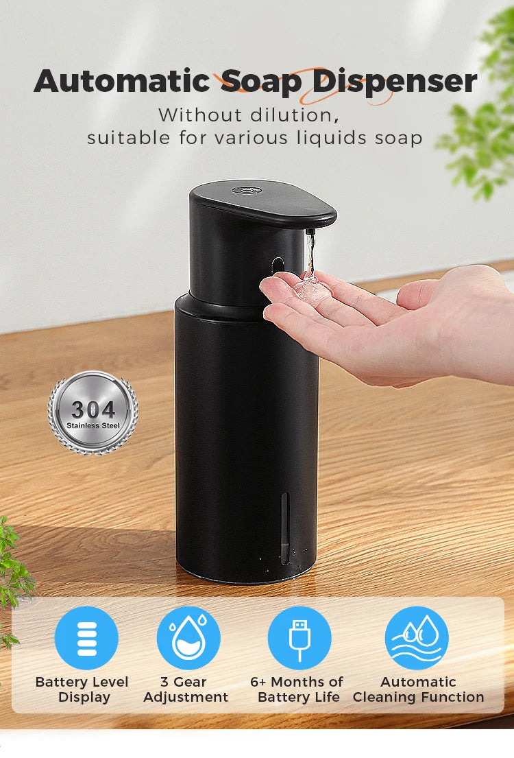 Dispensador de jabón de cocina de 480 ml con sensor automático, máquina de desinfectante de manos, dispensador de jabón eléctrico inteligente para gel de baño, acero inoxidable 304
