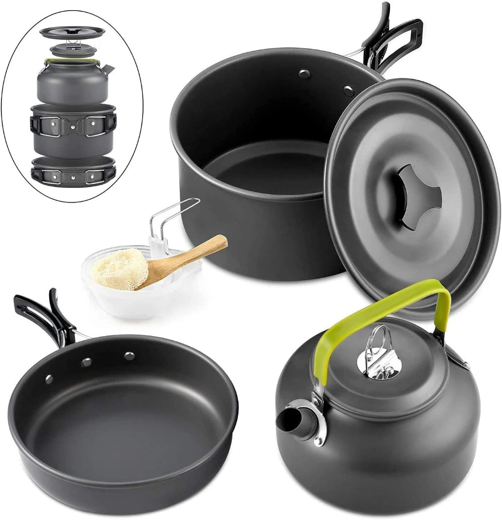 Juego de utensilios de cocina para acampada al aire libre, olla antiadherente de aluminio, vajilla portátil para exteriores, olla para cocinar, cuenco, senderismo, barbacoa, picnic