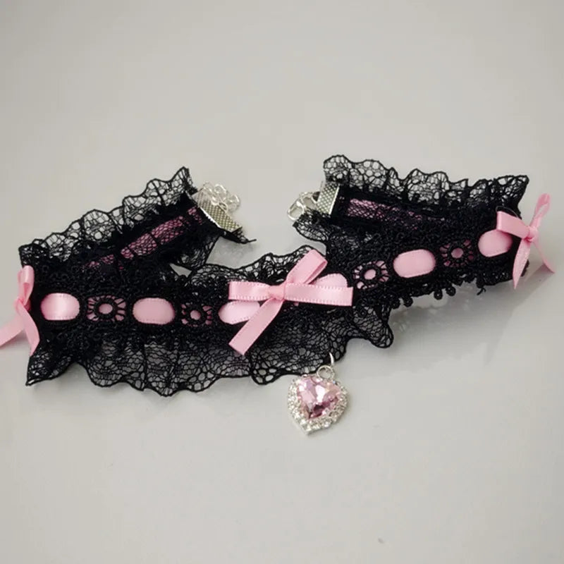 Lace Bow Necklace With Heart Gem Charm For Lolita Cosplay And Wedding Jewelry Collection