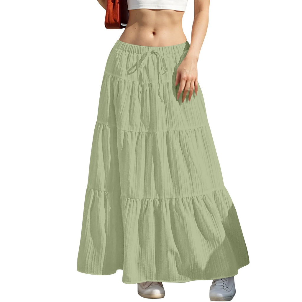 Women's Flared Ruffle Hem Maxi Skirt Fashion Women Solid Long Skirts Elastic Waist Elegant Long Skirt Spring Summer Cake Dress