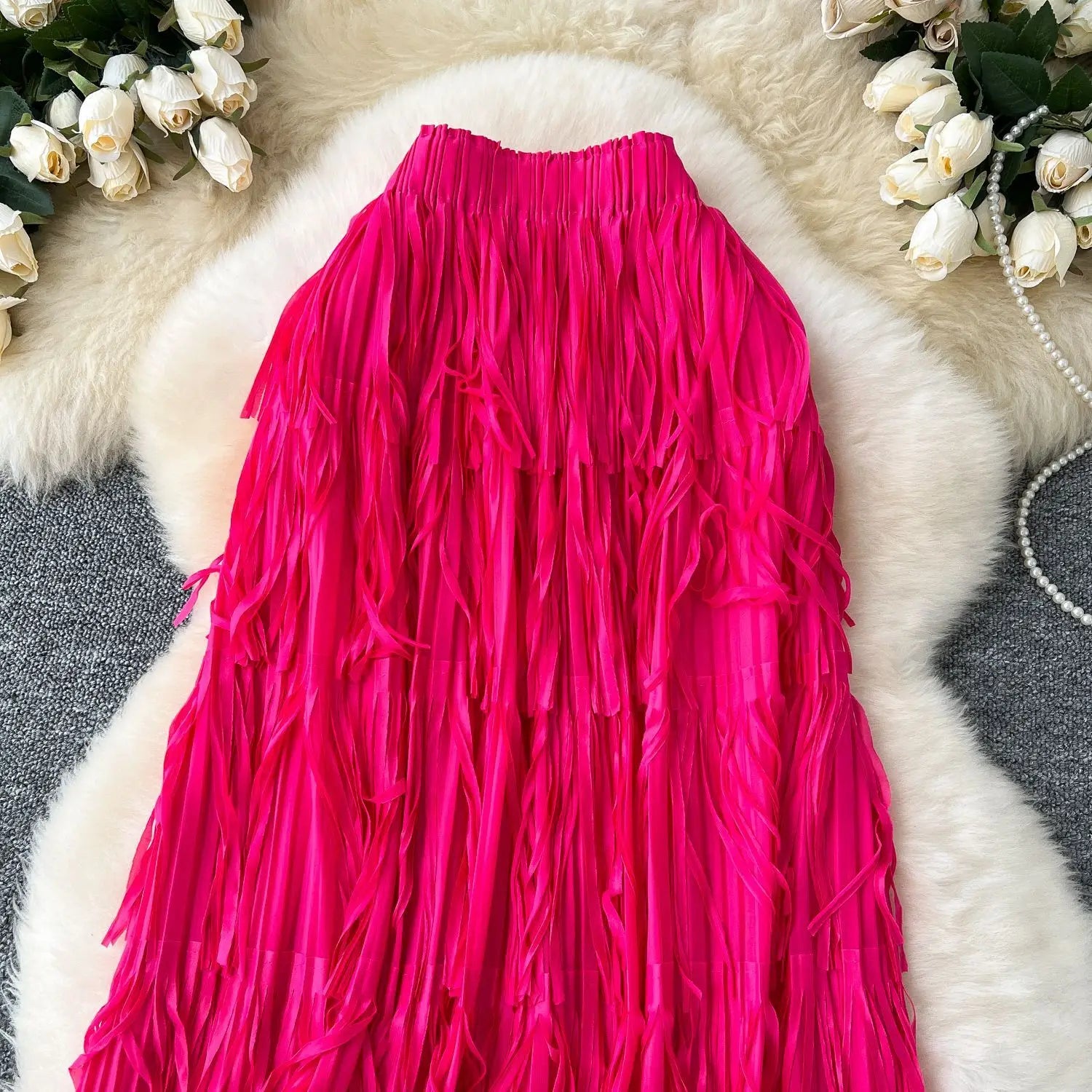 New In 2026 Spring Summer Tassel Midi Long Skirt For Women Trendy High Waist Streetwear Casual Skirts