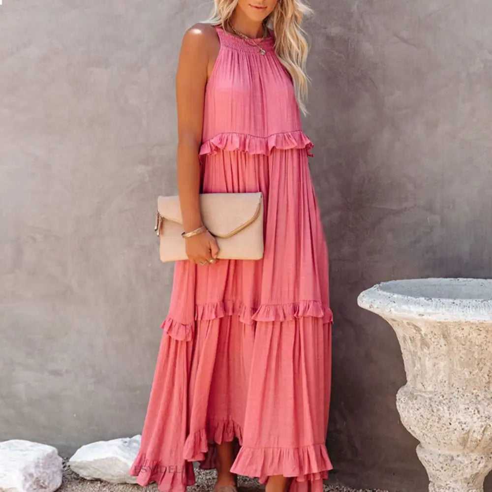 Bohemian Style Women Ruffles Long Dress Sleeveless Solid Color Smocked Halter Maxi Dress Layered design Loose Fit Halter Dress