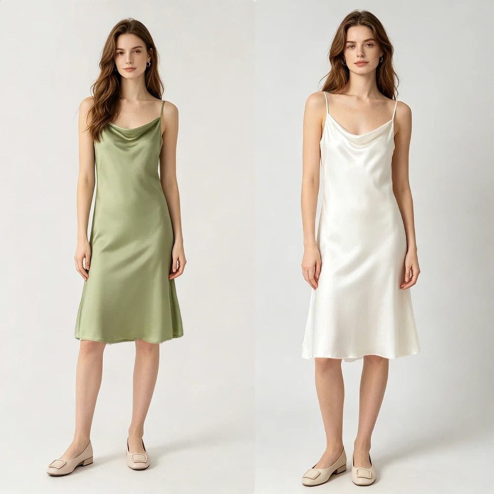 Women's Summer New Style French 100% Natural Mulberry Silk Plain Satin Swing Collar Temperament Camisole Slim Fit Party Dress