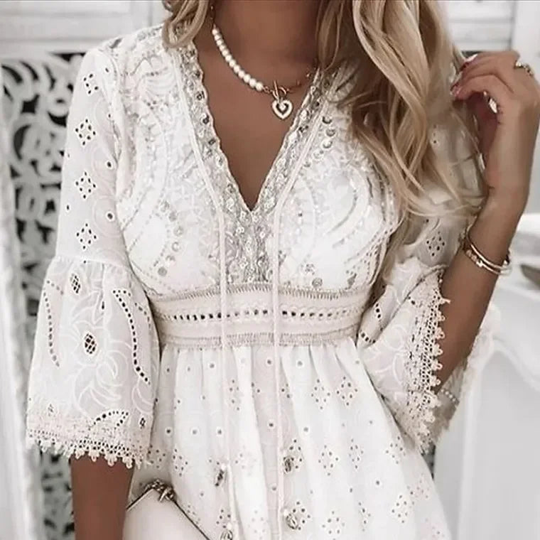 for Women Female V Neck Long Sleeve White Dresses Loose Solid Casual Women Beach Holiday Dress Vestidos Hollow Out Summer Dress