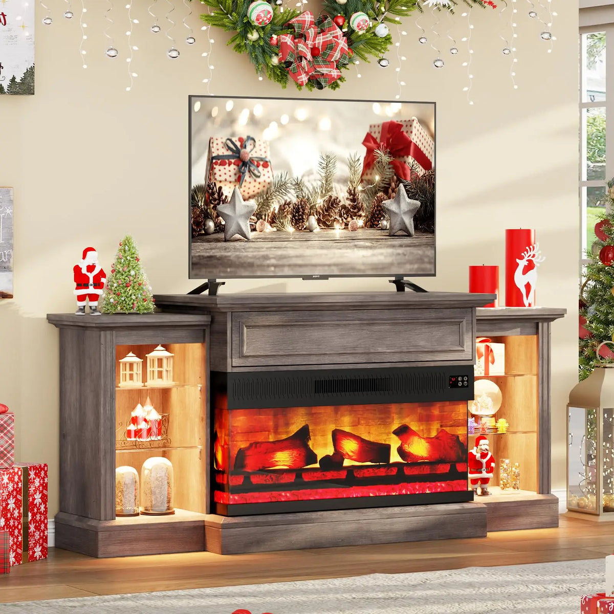 60" Farmhouse Fireplace TV Stand with 28" Electric Fireplace | 3-Sided TV Cabinet with Mantel, for TVs up to 65 Inch