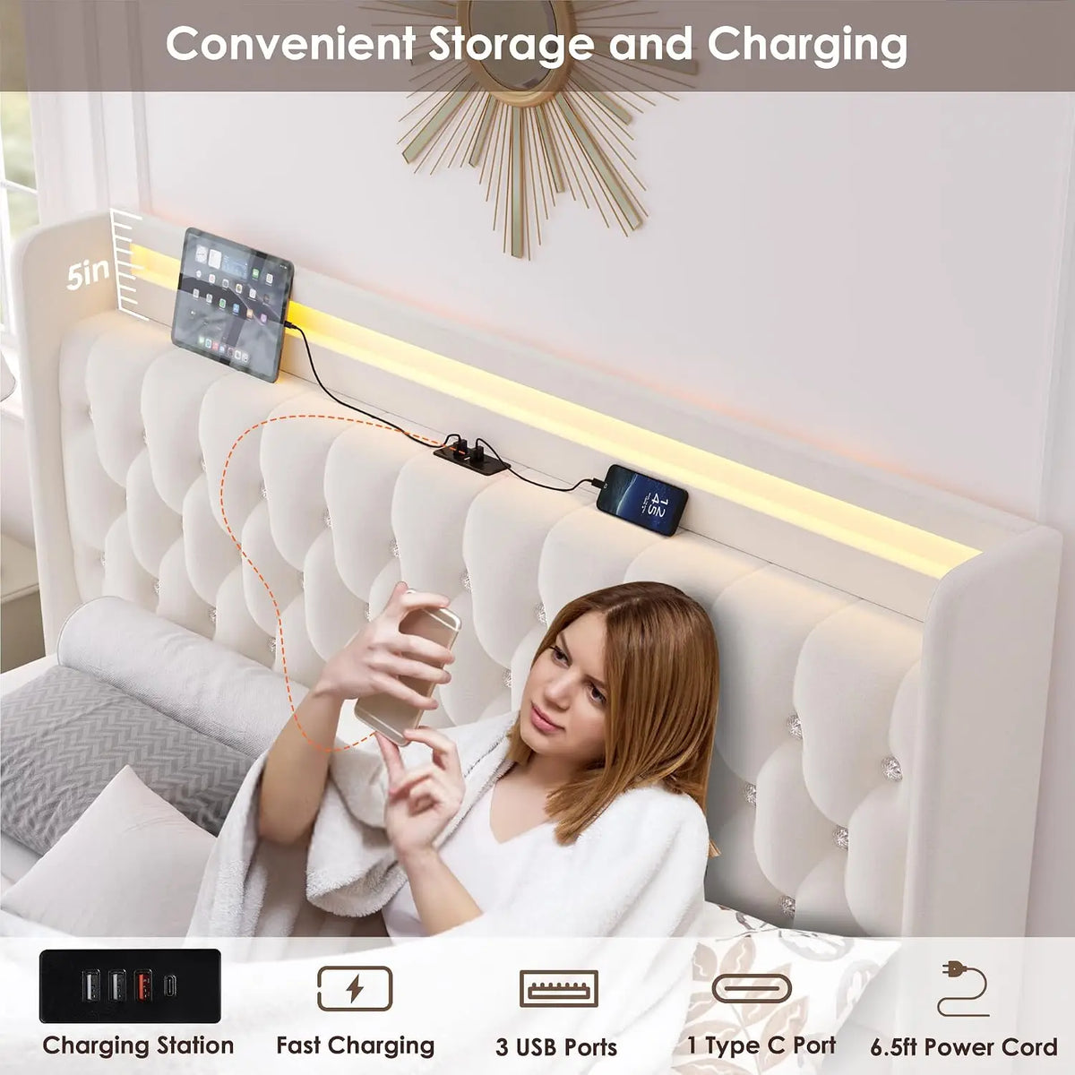Upholstered Queen LED Bed Frame w/Storage & Charging Headboard, Beige | Modern Style Queen Size Platform Bed, Velvet Crystal