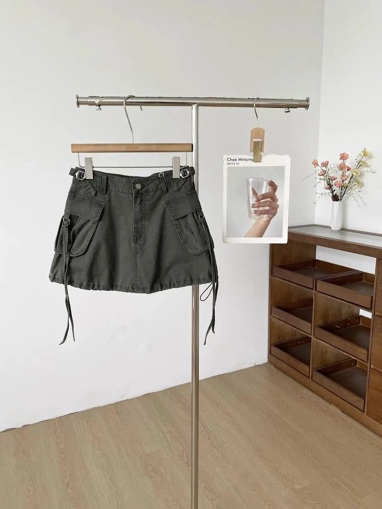 Women's Autumn Winter Pockets Drawstring Denim Skirt Lady Solid Color High Waist A Line Short Skirt